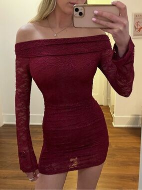 Burgundy Red Lace Off Shoulder Long Sleeve Mini Dress, size S/XS